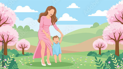 Vector illustration of a woman playing with her child in a spring park, happy family lifestyle scene with blooming trees, nature, and outdoor bonding time