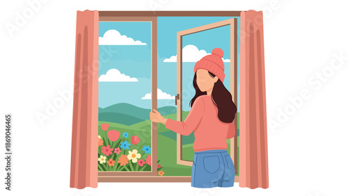 Flat vector illustration of a woman opening a window on a spring morning, fresh air lifestyle scene with flowers, sunlight, and seasonal home comfort