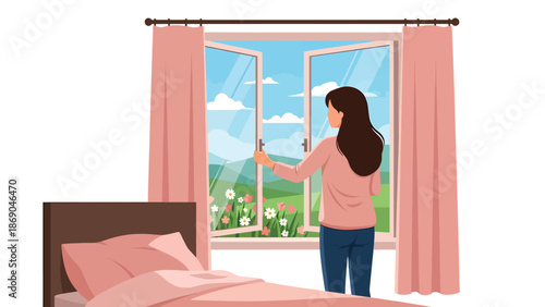Flat vector illustration of a woman opening a window on a spring morning, fresh air lifestyle scene with flowers, sunlight, and seasonal home comfort