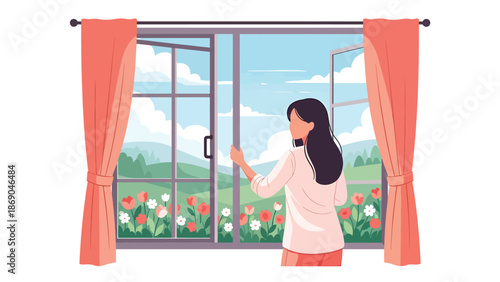Flat vector illustration of a woman opening a window on a spring morning, fresh air lifestyle scene with flowers, sunlight, and seasonal home comfort