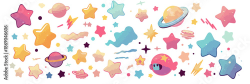 Mignonnes étoiles pastel, planètes et éléments spatiaux flottants, idéal pour un fond transparent ou des motifs de design enfantins.