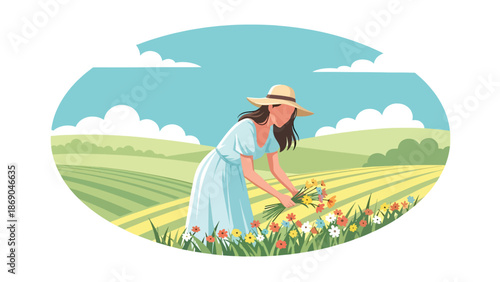 Vector illustration of a woman harvesting flowers in a spring field, rural outdoor lifestyle scene with blooming plants and natural seasonal beauty