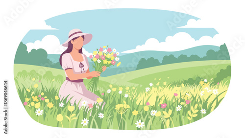 Vector illustration of a woman harvesting flowers in a spring field, rural outdoor lifestyle scene with blooming plants and natural seasonal beauty