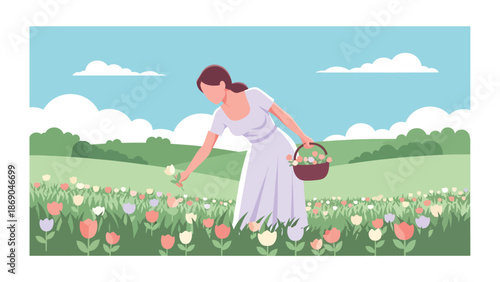 Vector illustration of a woman harvesting flowers in a spring field, rural outdoor lifestyle scene with blooming plants and natural seasonal beauty