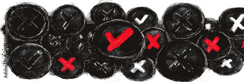 Transparente, handgezeichnete schwarze Knöpfe mit roten und weißen Häkchen sowie Kreuzen symbolisieren Entscheidungen und Feedback für digitale Schnittstellen.