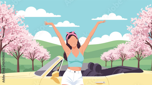 Flat vector illustration of a woman on a spring road trip, travel lifestyle scene with car, blooming trees, and freedom themed seasonal adventure