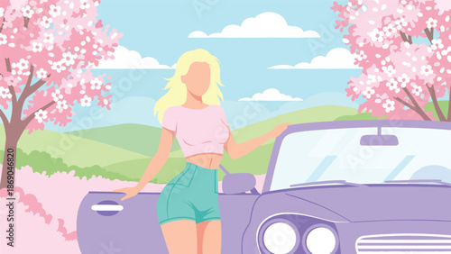 Flat vector illustration of a woman on a spring road trip, travel lifestyle scene with car, blooming trees, and freedom themed seasonal adventure
