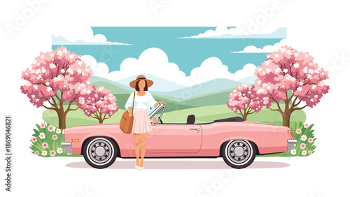 Flat vector illustration of a woman on a spring road trip, travel lifestyle scene with car, blooming trees, and freedom themed seasonal adventure