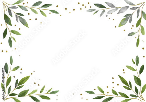 Cadre décoratif minimaliste en aquarelle avec des feuilles vertes et des éclats dorés, idéal pour invitations ou cartes de vœux sur fond transparent.