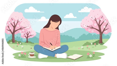 Vector illustration of a woman journaling outdoors in spring, peaceful creative lifestyle scene with notebook, coffee, flowers, and calm nature background