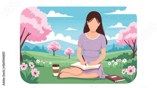 Vector illustration of a woman journaling outdoors in spring, peaceful creative lifestyle scene with notebook, coffee, flowers, and calm nature background