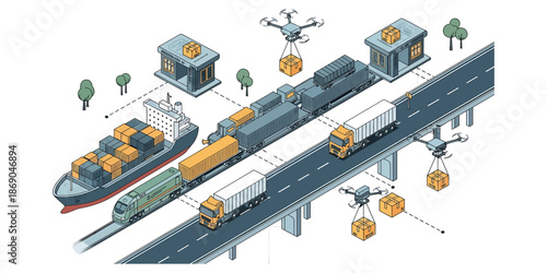 Logistics and Transportation Global Supply Chain, Freight, Shipping, Delivery, Drone, Train, Truck