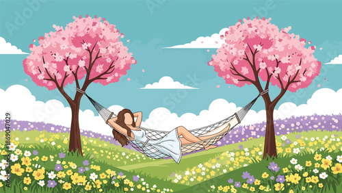 Flat vector illustration of a woman relaxing in a hammock in spring, leisure lifestyle scene with trees, flowers, and calm outdoor atmosphere
