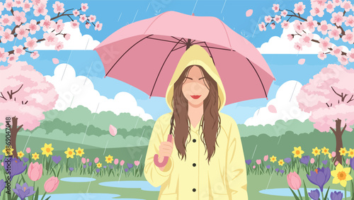 Flat vector illustration of a woman enjoying spring rain with an umbrella, cheerful lifestyle scene with flowers, puddles, and seasonal weather mood