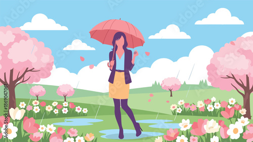 Flat vector illustration of a woman enjoying spring rain with an umbrella, cheerful lifestyle scene with flowers, puddles, and seasonal weather mood