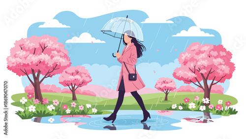 Flat vector illustration of a woman enjoying spring rain with an umbrella, cheerful lifestyle scene with flowers, puddles, and seasonal weather mood