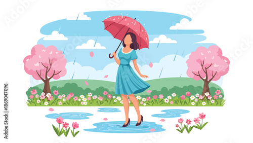 Flat vector illustration of a woman enjoying spring rain with an umbrella, cheerful lifestyle scene with flowers, puddles, and seasonal weather mood