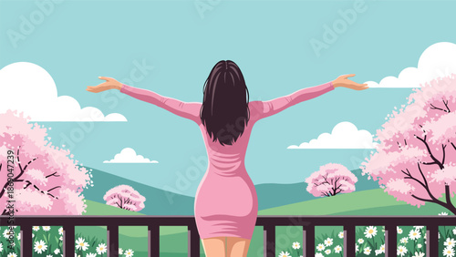 Vector illustration of a woman welcoming spring on a balcony, positive lifestyle scene with flowers, sunshine, fresh air, and seasonal happiness