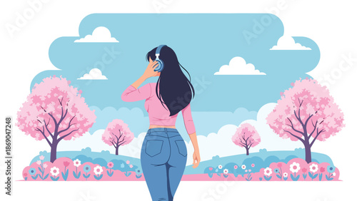 Flat vector illustration of a woman listening to music outdoors in spring, modern lifestyle scene with headphones, flowers, and relaxed seasonal mood