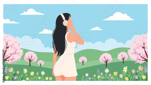 Flat vector illustration of a woman listening to music outdoors in spring, modern lifestyle scene with headphones, flowers, and relaxed seasonal mood