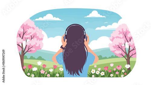 Flat vector illustration of a woman listening to music outdoors in spring, modern lifestyle scene with headphones, flowers, and relaxed seasonal mood