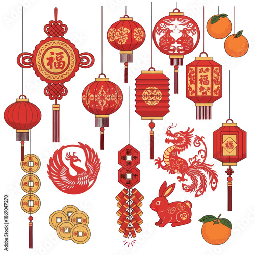 Chinese New Year decorations with red lanterns and auspicious symbols.