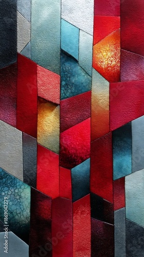 A striking vertical abstract mosaic composed of various colored geometric shapes.