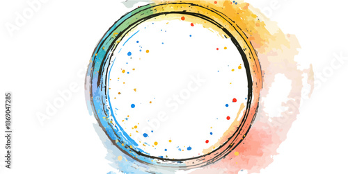Aquarell-Kreisrahmen mit bunten Farbspritzern und vielseitigem Leerraum für kreative Designs und Botschaften.