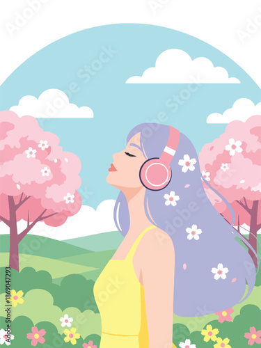 Flat vector illustration of a woman listening to music outdoors in spring, modern lifestyle scene with headphones, flowers, and relaxed seasonal mood