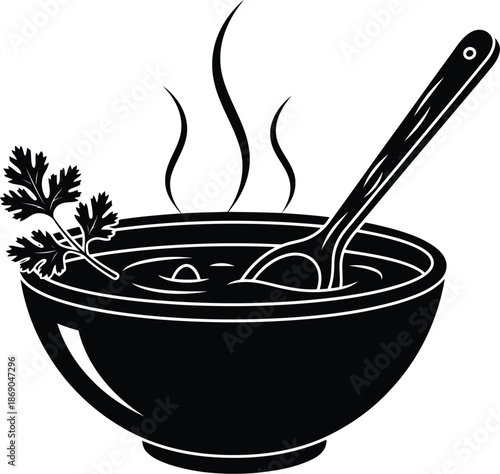 Delicious Black Soup Bowl with Steaming Hot Broth