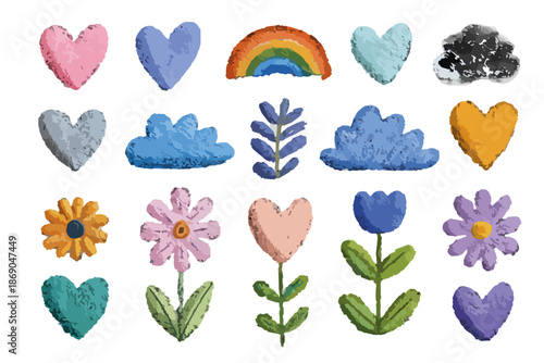 Illustrations vectorielles texturées et mignonnes : cœurs, nuages, fleurs, arc-en-ciel, idéales pour des créations joyeuses sur fond transparent.