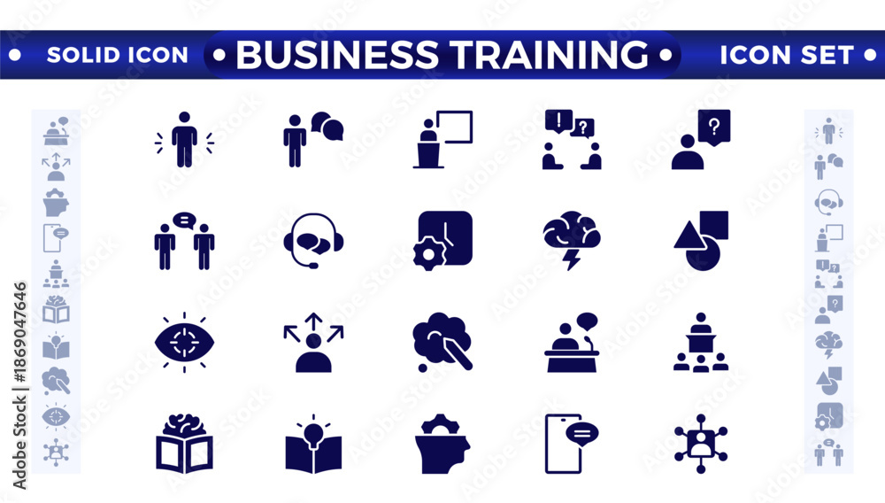 Fototapeta premium Business training solid icons collection. Workshop, lecture, and education icons. UI icon set. Interpersonal skills, confidence, problem-solving, and communication are solid icons.
