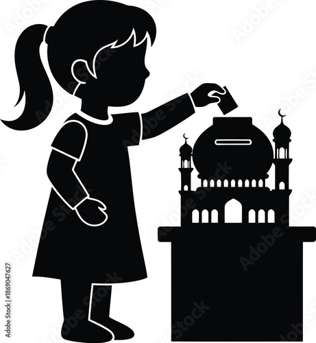 Child Saving Money with Bank, Silhouette Illustration