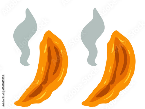 Illustration vectorielle de deux morceaux de nourriture frite dorée et fumante, parfaits pour les menus de restauration rapide ou les designs culinaires sur fond transparent.
