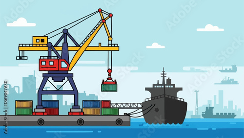 Large industrial crane loading cargo containers onto a ship at a busy port.