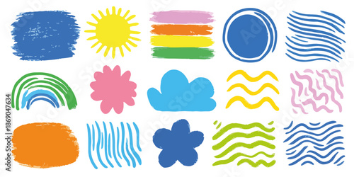 Collection d'éléments de design abstraits et colorés, dessinés à la main, comprenant formes, motifs et textures pour des créations ludiques et créatives.