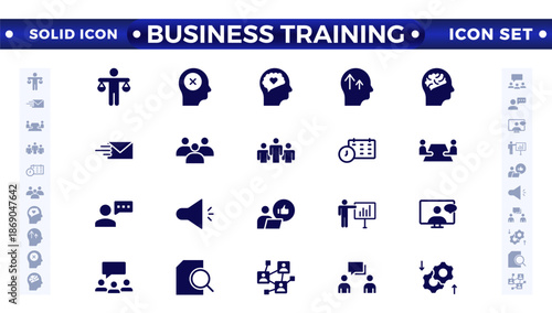 Business training solid icons collection. Workshop, lecture, and education icons. UI icon set. Interpersonal skills, confidence, problem-solving, and communication are solid icons.