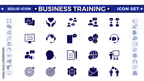 Business training solid icons collection. Workshop, lecture, and education icons. UI icon set. Interpersonal skills, confidence, problem-solving, and communication are solid icons.