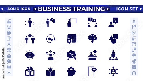 Business training solid icons collection. Workshop, lecture, and education icons. UI icon set. Interpersonal skills, confidence, problem-solving, and communication are solid icons.