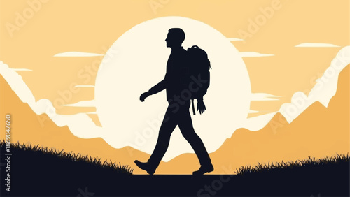 Silhouette of a hiker walking towards the sun during sunset.