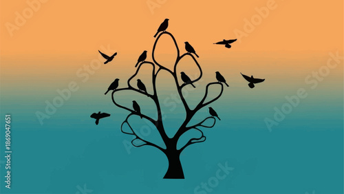 Silhouette of a bare tree with many birds perched on branches and flying around.