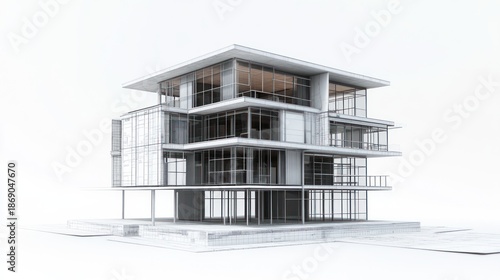 A 3D rendering of a modern, multi-story house with a glass facade and a flat roof. The house is set against a white background and appears to be in a minimalist style.