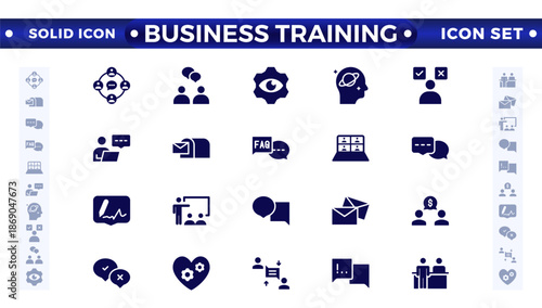Business training solid icons collection. Workshop, lecture, and education icons. UI icon set. Interpersonal skills, confidence, problem-solving, and communication are solid icons.