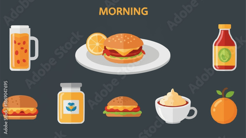 Delicious Breakfast Food Items Collection Flat Design.