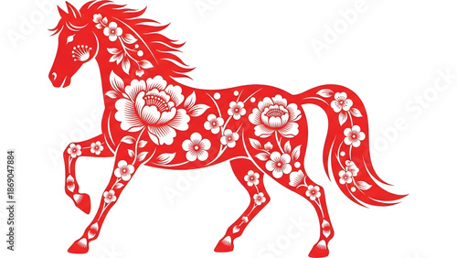 Minimalist one-color Chinese New Year horse vector illustration with traditional floral carving