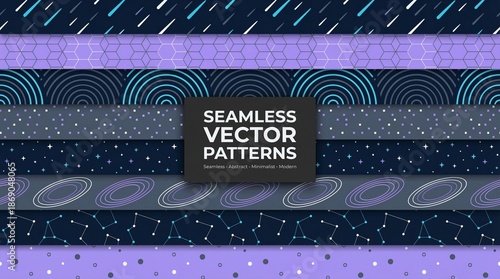 A collection of seamless vector patterns in shades of purple and blue for graphic design