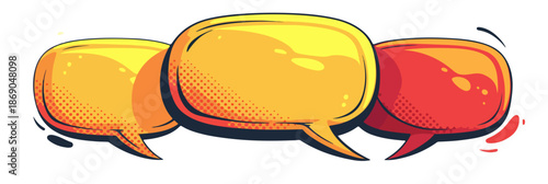 Bulles de dialogue colorées au style bande dessinée, représentant la communication et les messages sur fond transparent.