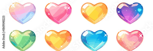 Collection de cœurs brillants et colorés, semblables à des gemmes ou des bonbons transparents, parfaits pour la Saint-Valentin ou des designs ludiques.