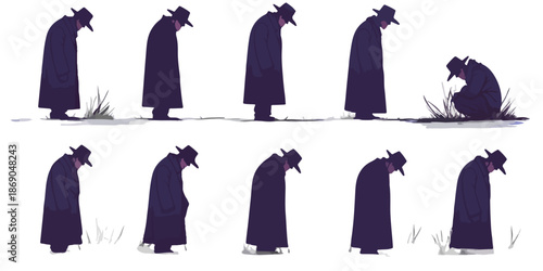 Séquence de silhouettes sombres d'un homme au chapeau et manteau, adoptant des poses de marche et d'accroupissement, sur fond transparent, évoquant la réflexion.