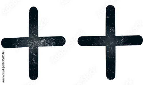 Deux symboles plus noirs texturés et isolés, présentant un aspect grunge sur fond blanc, parfaits pour des éléments graphiques transparents.